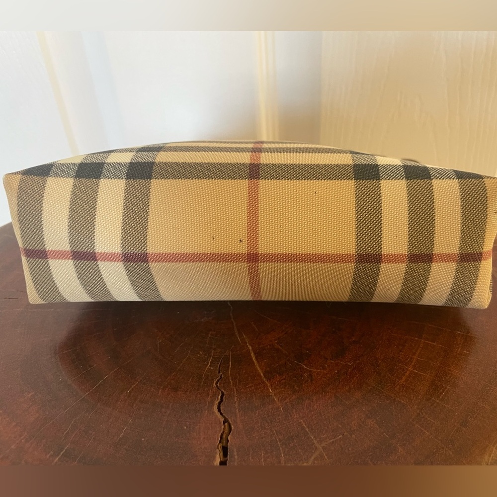 BURBERRY Pouch House Check Brown Beige Canvas and Leather Trim Vintage - Picture 7 of 13